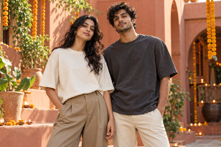 Two people in relaxed tees and trousers in a courtyard decorated with marigolds and diyas