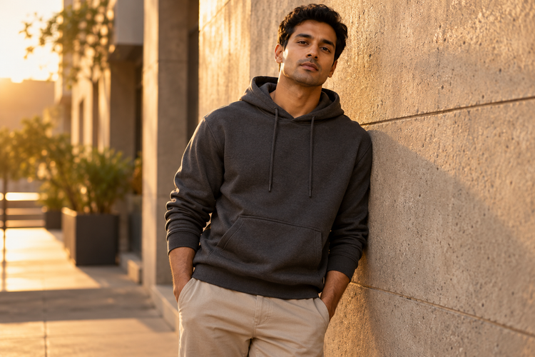 Man in a dark hoodie leaning against a warm sunlit wall