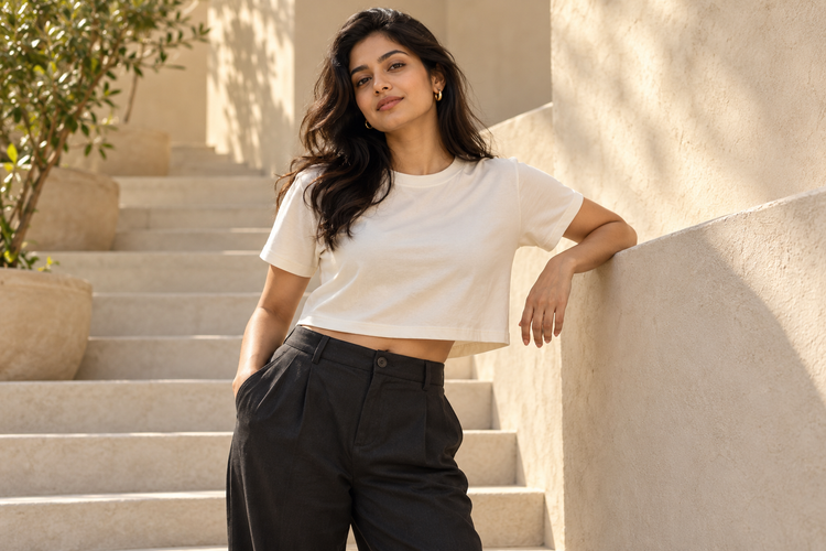 Woman in a light cropped tee and dark trousers on sunlit stone steps